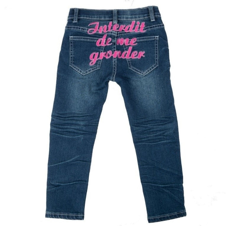 Jean fille Interdit de me gronder Lolita Bleu logo rose - L'Atelier Des Tout-Petits